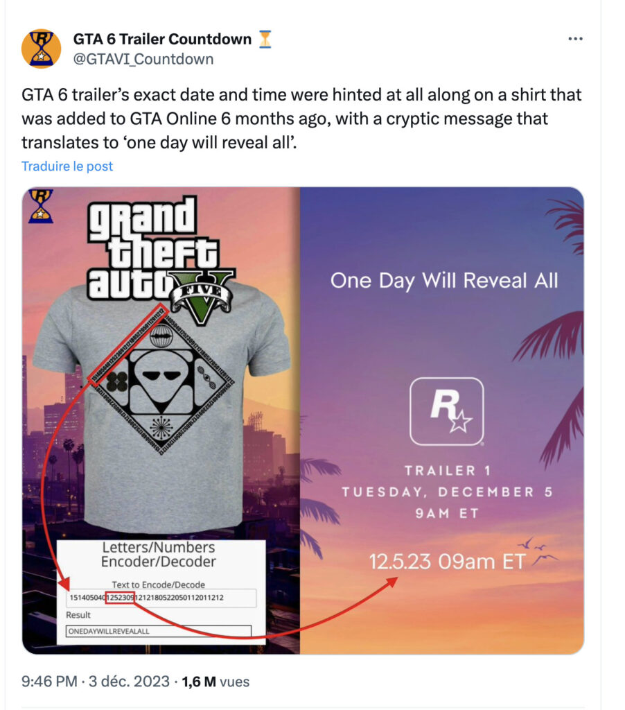 Les chiffres inscrits dans le t-shirt veulent dire ONEDAYWILLREVEALALL. Au milieu, il y a la date exacte de l'annonce de GTA 6. Les chiffres inscrits dans le t-shirt veulent dire ONEDAYWILLREVEALALL. Au milieu, il y a la date exacte de l'annonce de GTA 6.