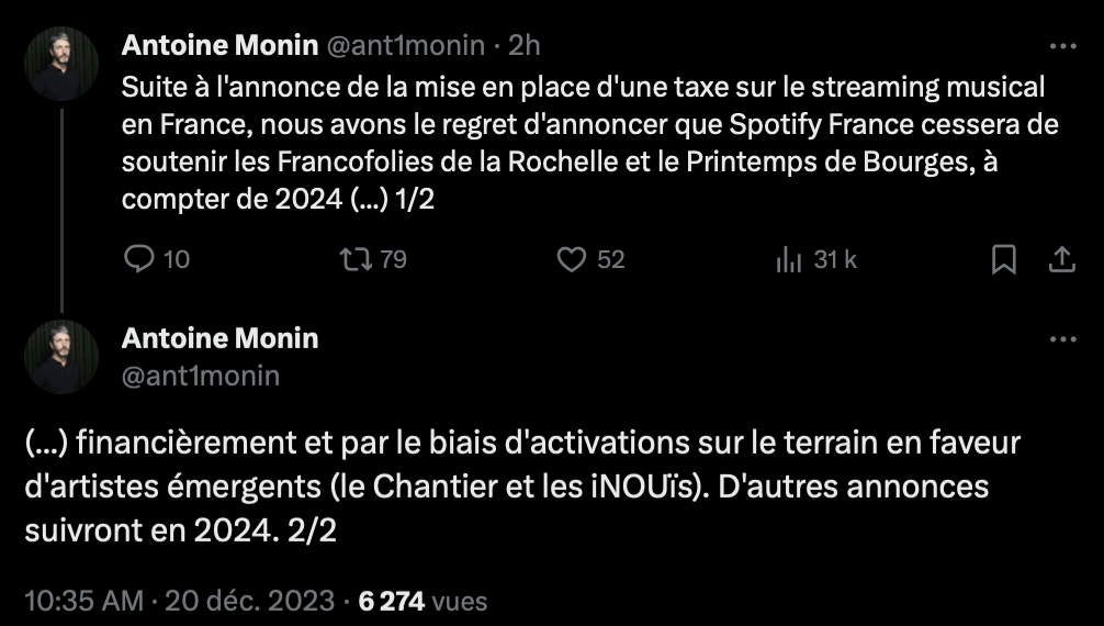 C'est sur X que le directeur de Spotify France a annoncé la décision. C'est sur X que le directeur de Spotify France a annoncé la décision.