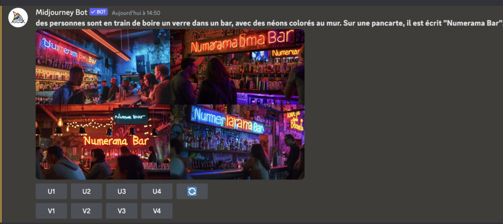 Exemple de prompt généré par Midjourney v6, avec la mention de « Numerama Bar » demandée. Il n'y arrive pas. Exemple de prompt généré par Midjourney v6, avec la mention de « Numerama Bar » demandée. Il n'y arrive pas.