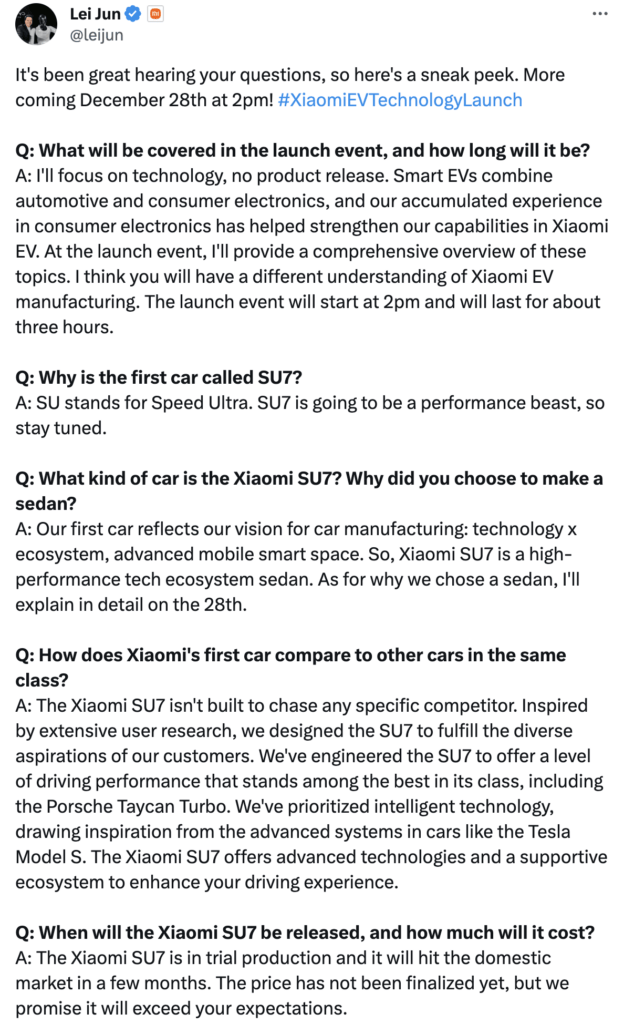 Le tweet de Lei Jun, le patron de Xiaomi, qui officialise l'arrivée de la SU7. Le tweet de Lei Jun, le patron de Xiaomi, qui officialise l'arrivée de la SU7.