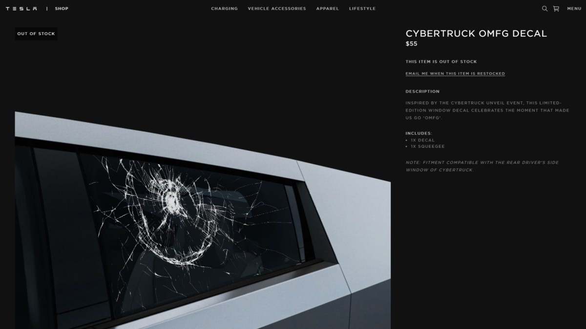 Autocollant OMFG Cybertruck sur la boutique Tesla // Source : Capture site Tesla Autocollant OMFG Cybertruck sur la boutique Tesla // Source : Capture site Tesla