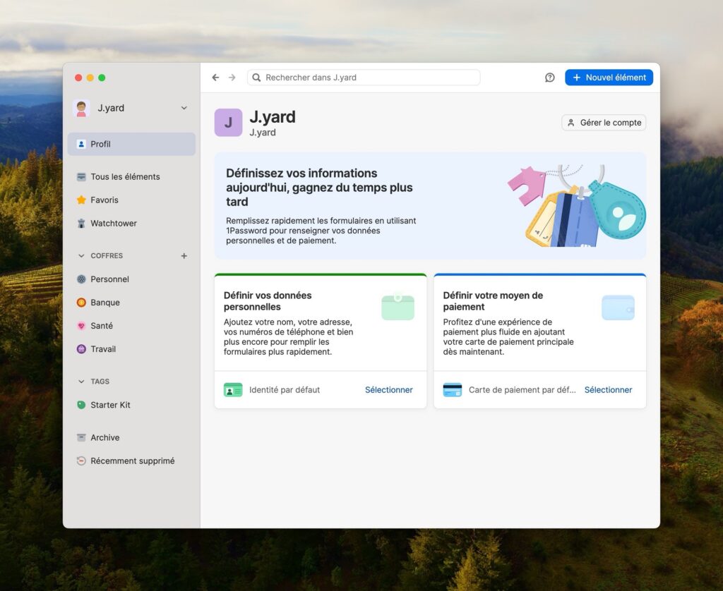 L'interface d’accueil de 1Password. // Source : Capture d'écran L'interface d’accueil de 1Password. // Source : Capture d'écran
