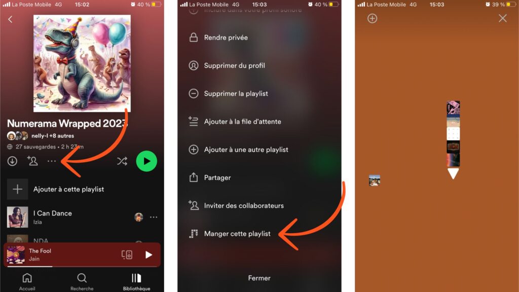 Manger cette playlist, étape par étape. // Source : Captures d'écran Spotify sur iOS, annotations avec Canva Manger cette playlist, étape par étape. // Source : Captures d'écran Spotify sur iOS, annotations avec Canva