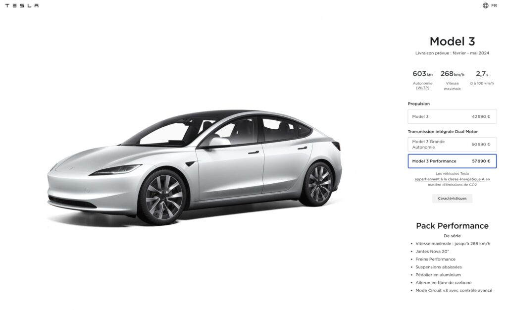 Le configurateur en ligne tel qu'on peut l'imaginer pour la future Model 3 Performance // Source : Bob JOUY pour Numerama