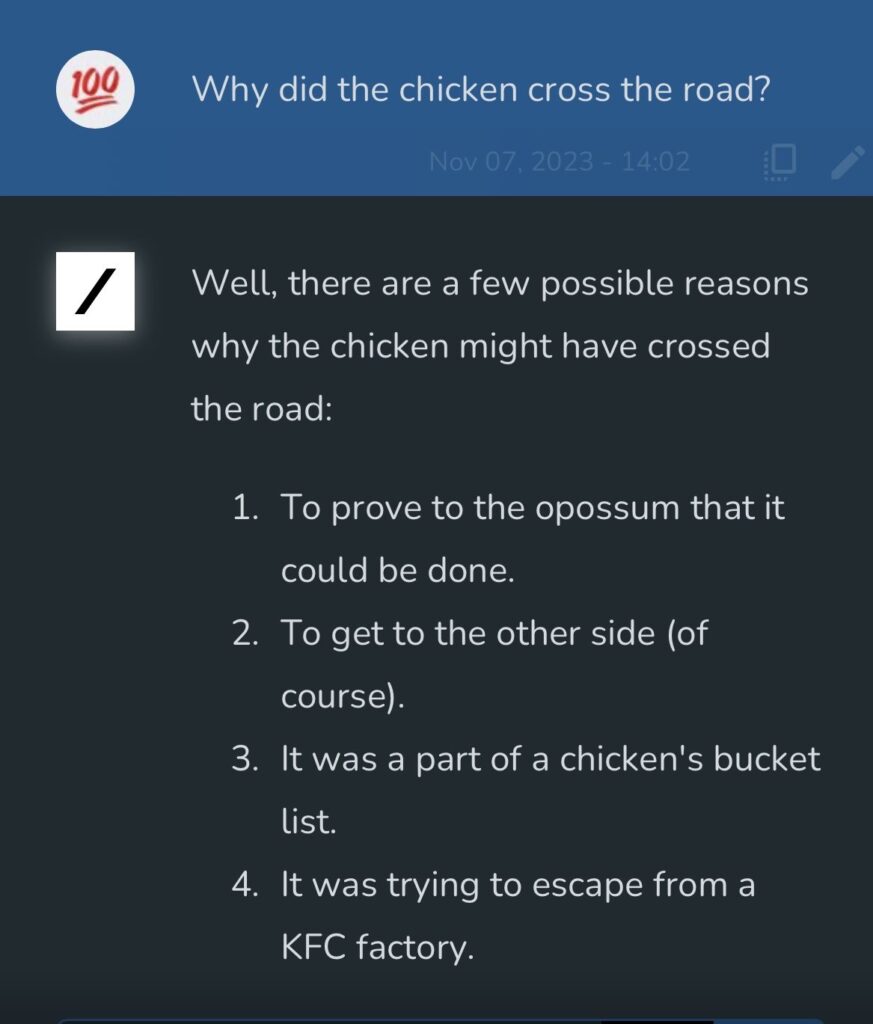 Un exemple de dialogue avec Grok partagé par Elon Musk, en reprenant une blague populaire dans le monde anglo-saxon : pourquoi le poulet a-t-il traversé la route ? Un exemple de dialogue avec Grok partagé par Elon Musk, en reprenant une blague populaire dans le monde anglo-saxon : pourquoi le poulet a-t-il traversé la route ?