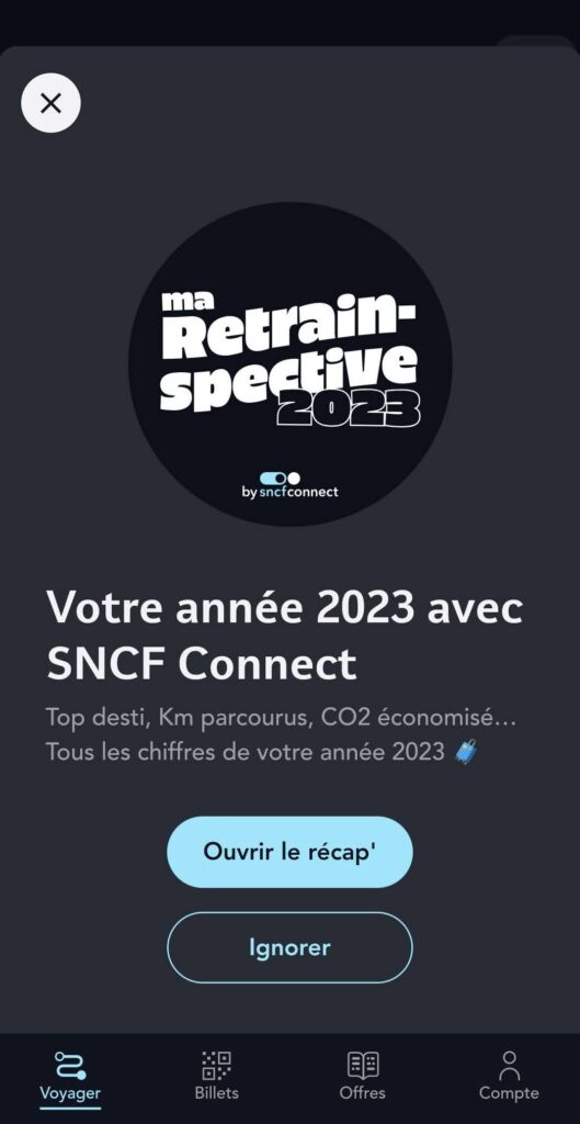 L'app SNCF Connect vous propose automatiquement d'accéder à votre récap // Source : Capture d'écran Numerama L'app SNCF Connect vous propose automatiquement d'accéder à votre récap // Source : Capture d'écran Numerama
