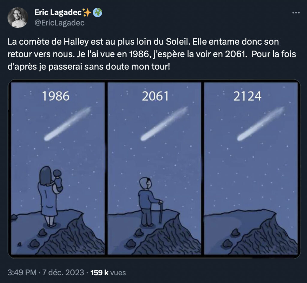 Tweet de l'astrophysicien français Eric Lagadec au sujet de la comète de Halley. // Source : Via X @EricLagadec Tweet de l'astrophysicien français Eric Lagadec au sujet de la comète de Halley. // Source : Via X @EricLagadec
