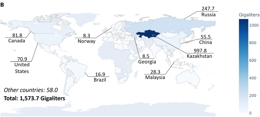Consommation en eau du Bitcoin par pays en 2021 // Source : Alex de Vries, Bitcoin’s growing water footprint, Cell Reports Sustainability (2024) Consommation en eau du Bitcoin par pays en 2021 // Source : Alex de Vries, Bitcoin’s growing water footprint, Cell Reports Sustainability (2024)