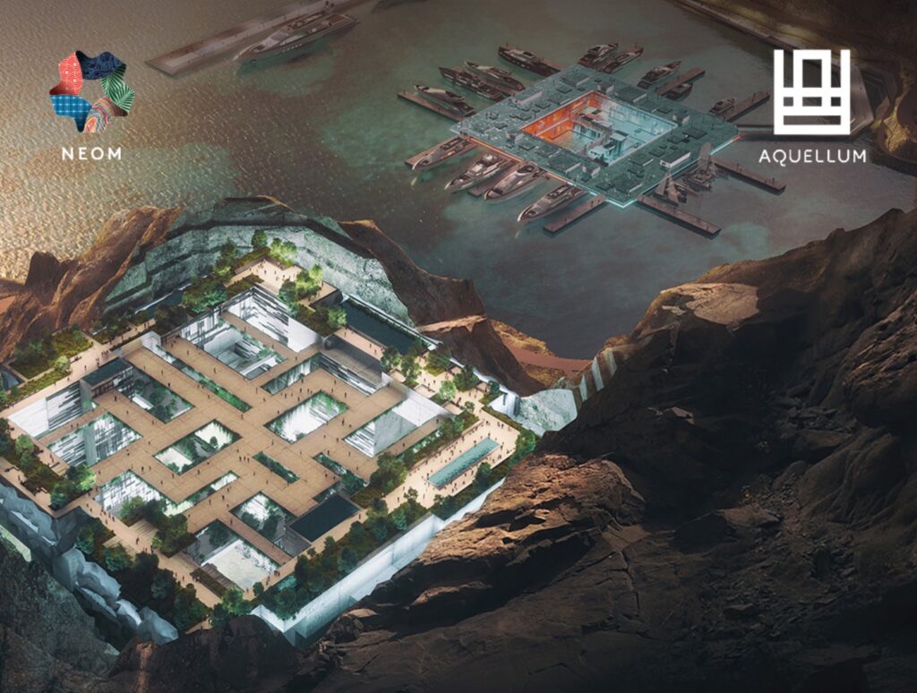 Vue de haut, la montage apparait comme creusée de l'intérieur // Source : Neom / X Vue de haut, la montage apparait comme creusée de l'intérieur // Source : Neom / X