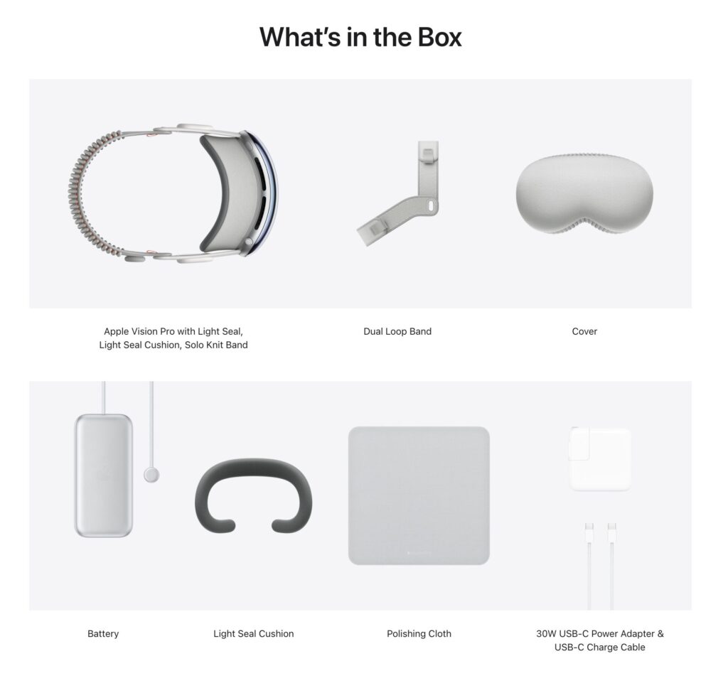 Le contenu de la boîte du Apple Vision Pro. Le contenu de la boîte du Apple Vision Pro.