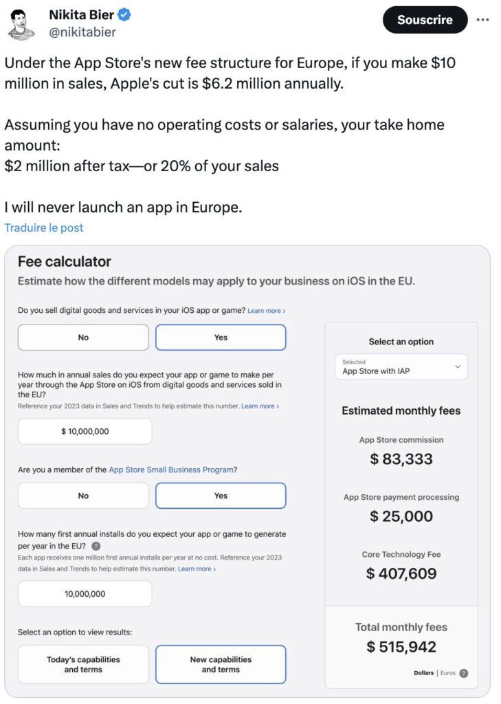 Apple a fabriqué un simulateur pour comparer les taxes entre l'ancien et le nouveau système. Presque à tous les coups, les 50 centimes par téléchargement créent des dettes colossales. Apple a fabriqué un simulateur pour comparer les taxes entre l'ancien et le nouveau système. Presque à tous les coups, les 50 centimes par téléchargement créent des dettes colossales.