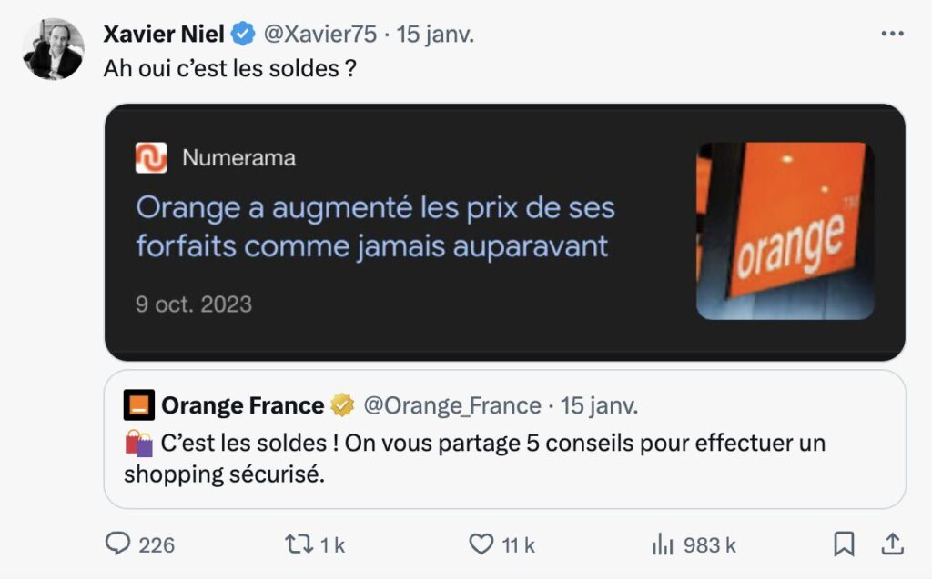 Dans un tweet devenu viral, Xavier Niel s'est moqué le 15 janvier des pratiques d'Orange. Il utilisait un article de Numerama pour appuyer ses propos. Dans un tweet devenu viral, Xavier Niel s'est moqué le 15 janvier des pratiques d'Orange. Il utilisait un article de Numerama pour appuyer ses propos.