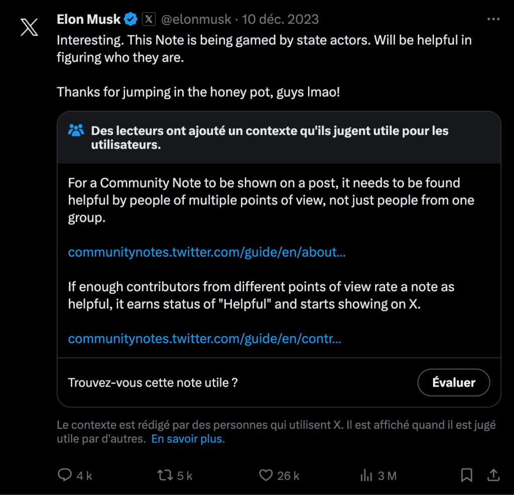 Un exemple de Community Note sous un post d'Elon Musk // Source : Capture d'écran Numerama Un exemple de Community Note sous un post d'Elon Musk // Source : Capture d'écran Numerama