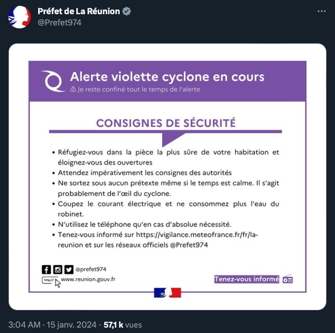 Consignes de sécurité liées à l'alerte violette. // Source : Via X @Prefet974 Consignes de sécurité liées à l'alerte violette. // Source : Via X @Prefet974