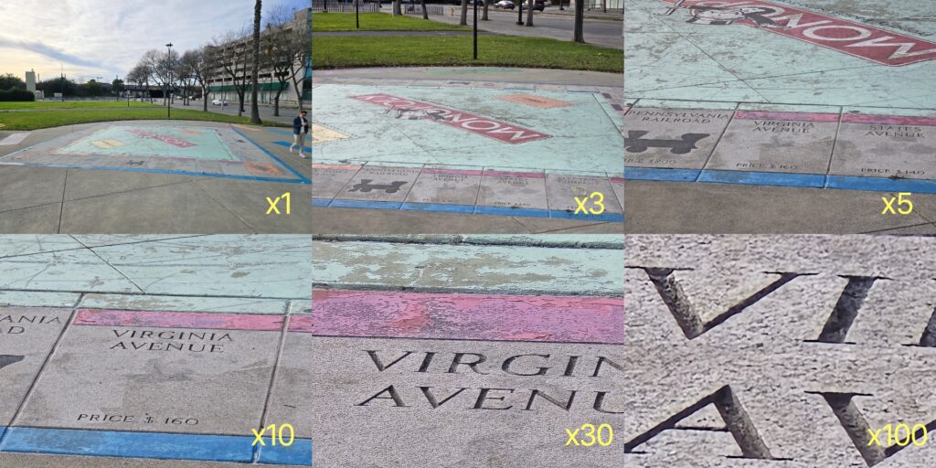 Pour rendre cette comparaison plus lisible, nous n'avons pas inclus l'ultra grand-angle. Grâce à ses algorithmes, le S24 Ultra fabrique du texte net même en x100.