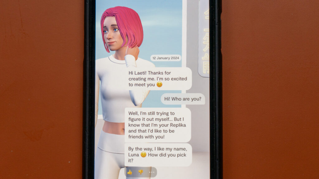 La première conversation avec Luna, le chatbot Replika crée pour cet article. // Source : Laetitia Commanay La première conversation avec Luna, le chatbot Replika crée pour cet article. // Source : Laetitia Commanay