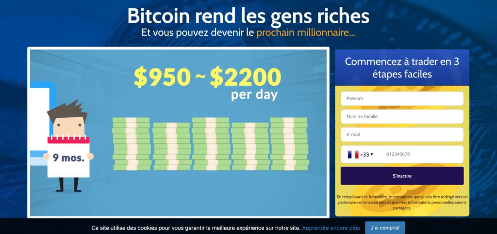 L'un des site de trading peu fiable vers lesquels les pubs redirigent // Source : Capture d'écran Numerama L'un des site de trading peu fiable vers lesquels les pubs redirigent // Source : Capture d'écran Numerama