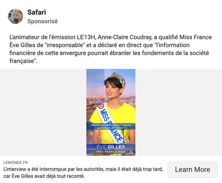 Un exemple de publicité détournant l'image d'Ève Gilles pour inciter les utilisateurs de Facebook à utiliser un échange de crypto-monnaie frauduleux // Source : Capture d'écran Numerama Un exemple de publicité détournant l'image d'Ève Gilles pour inciter les utilisateurs de Facebook à utiliser un échange de crypto-monnaie frauduleux // Source : Capture d'écran Numerama