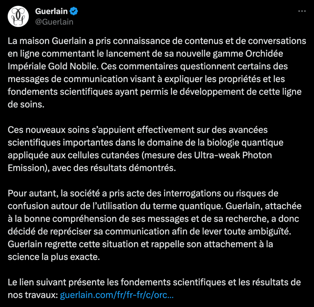 La réaction de Guerlain sur la polémique liée à sa « crème quantique » // Source : Capture d'écran Numerama / X La réaction de Guerlain sur la polémique liée à sa « crème quantique » // Source : Capture d'écran Numerama / X