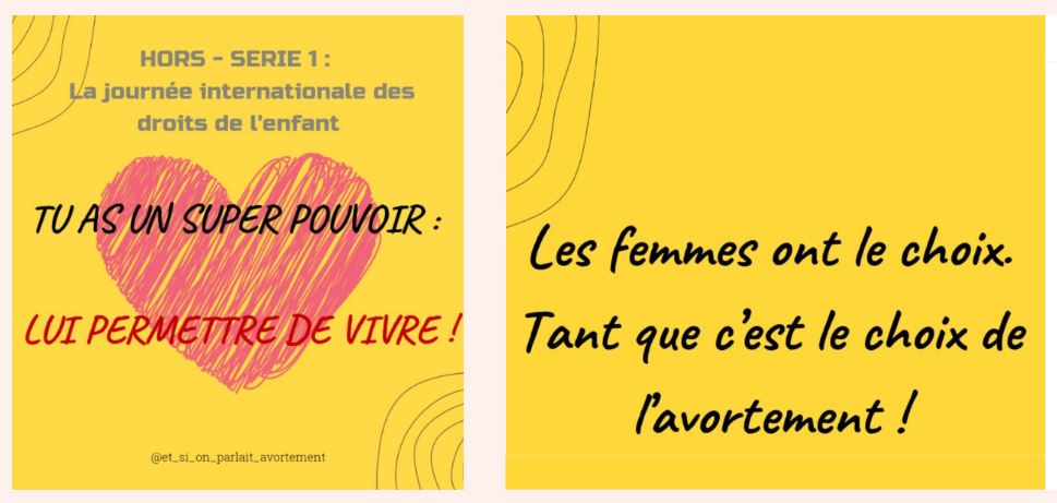 Un exemple de contenu Instagram cité par l'étude de la Fondation des Femmes. Le compte en question se présente comme un espace de discussion neutre sur l'avortement, mais qui tient en vérité des propos dissuasifs sur l'IVG. Un exemple de contenu Instagram cité par l'étude de la Fondation des Femmes. Le compte en question se présente comme un espace de discussion neutre sur l'avortement, mais qui tient en vérité des propos dissuasifs sur l'IVG.