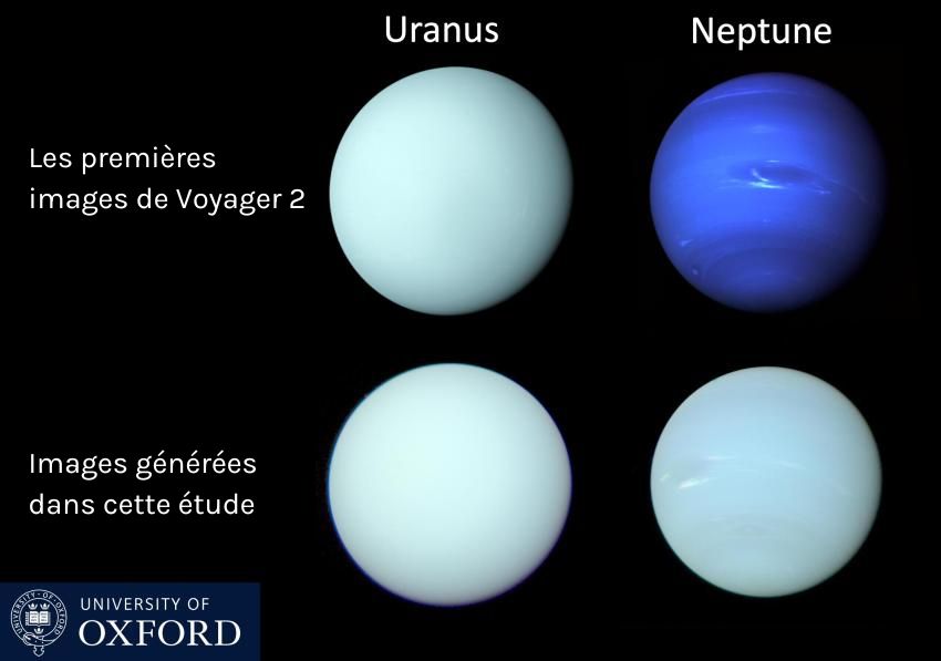 En bas, les images d'Uranus et Neptune plus proches de la réalité selon cette étude. // Source : Patrick Irwin/University of Oxford/NASA En bas, les images d'Uranus et Neptune plus proches de la réalité selon cette étude. // Source : Patrick Irwin/University of Oxford/NASA