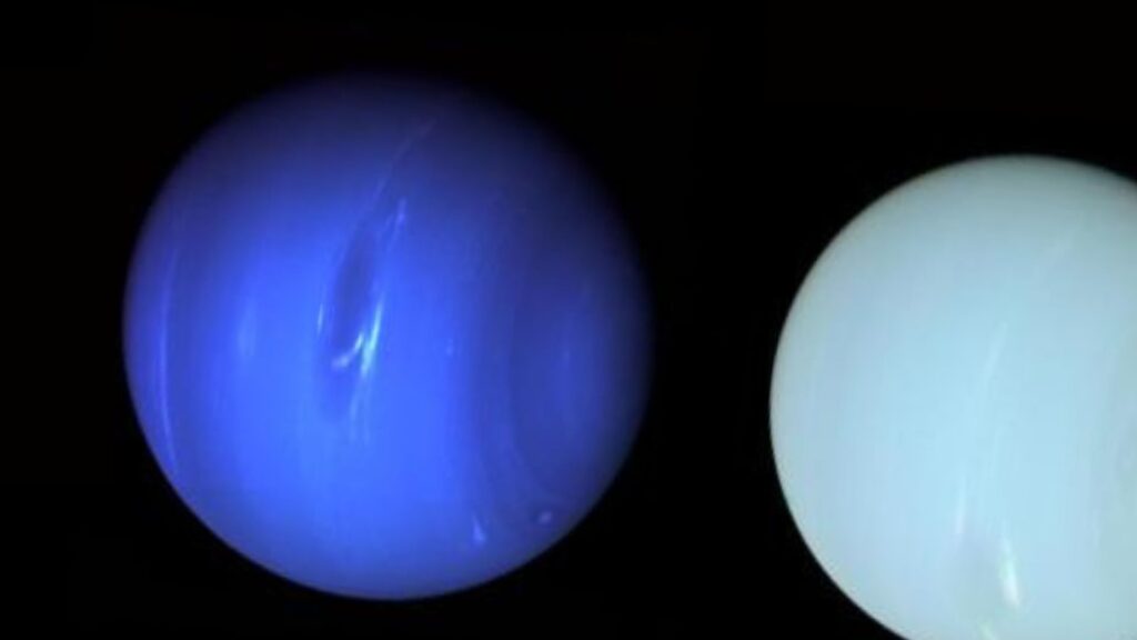 À gauche la couleur classique de Neptune. À droite, sa vraie couleur. // Source : Patrick Irwin/University of Oxford/NASA À gauche la couleur classique de Neptune. À droite, sa vraie couleur. // Source : Patrick Irwin/University of Oxford/NASA