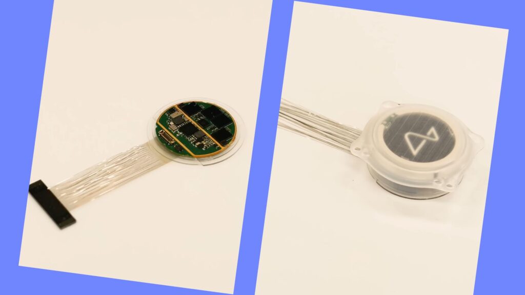 À gauche, le circuit imprimé au sein de la puce. À droite, la puce une fois refermée. // Source : Neuralink À gauche, le circuit imprimé au sein de la puce. À droite, la puce une fois refermée. // Source : Neuralink