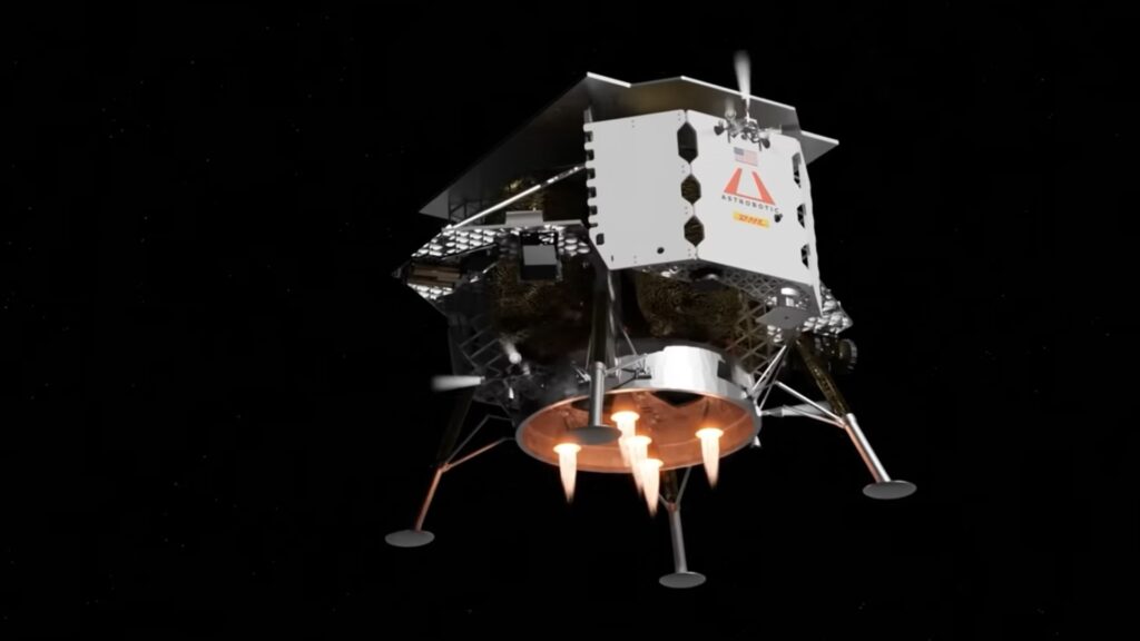 Représentation de Peregrine. // Source : Capture d'écran YouTube Spaceflight Now Représentation de Peregrine. // Source : Capture d'écran YouTube Spaceflight Now