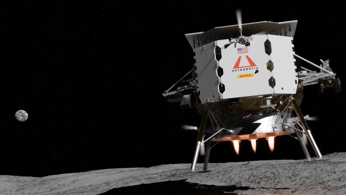 Vue d'artiste de la mission Peregrine. // Source : Capture d'écran YouTube Spaceflight Now Vue d'artiste de la mission Peregrine. // Source : Capture d'écran YouTube Spaceflight Now