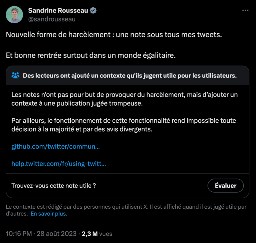 Le tweet de Sandrine Rousseau dénonçant son harcèlement à travers les COmmunity Note a lui-même reçu une note // Source : Capture d'écran Numerama Le tweet de Sandrine Rousseau dénonçant son harcèlement à travers les COmmunity Note a lui-même reçu une note // Source : Capture d'écran Numerama
