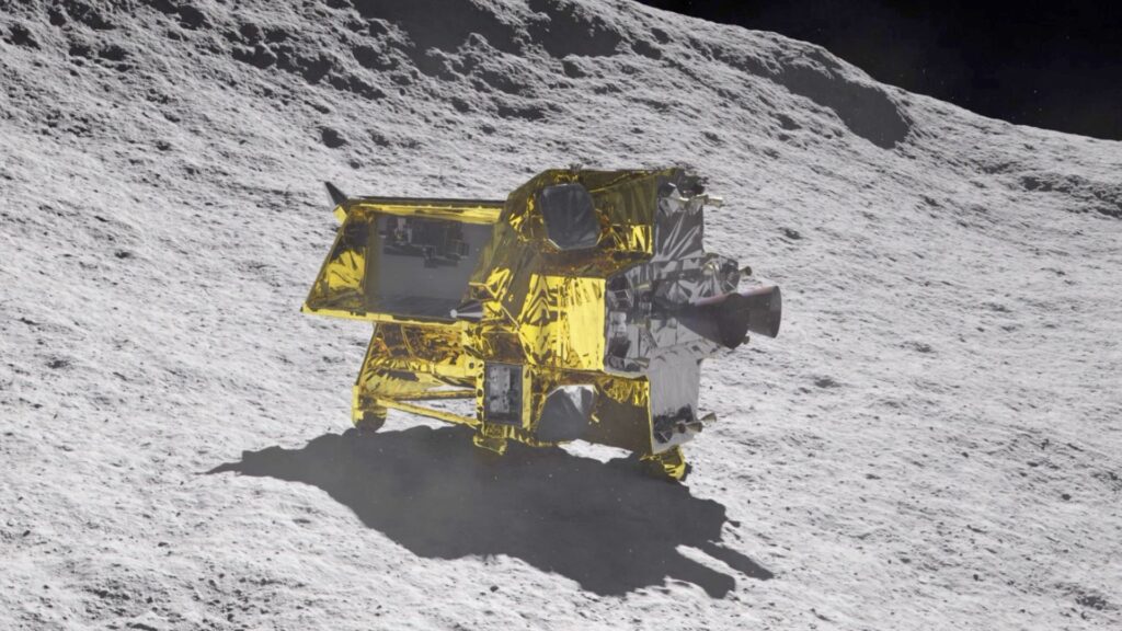 SLIM posé sur la Lune, illustration. // Source : Jaxa (image recadrée) SLIM posé sur la Lune, illustration. // Source : Jaxa (image recadrée)