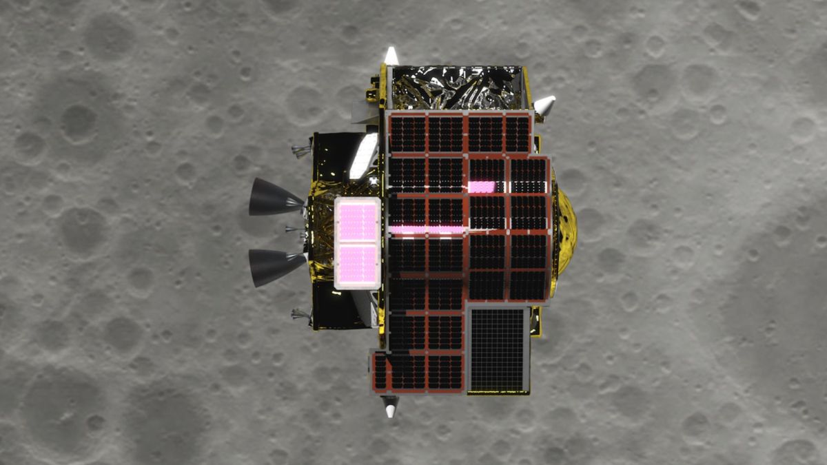 SLIM survolant la Lune, illustration. // Source : Jaxa (image recadrée) SLIM survolant la Lune, illustration. // Source : Jaxa (image recadrée)