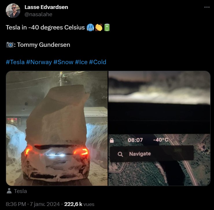 Fonctionnement d'une Tesla par -40° // Source : Twitter- Lasse Edvardsen Fonctionnement d'une Tesla par -40° // Source : Twitter- Lasse Edvardsen