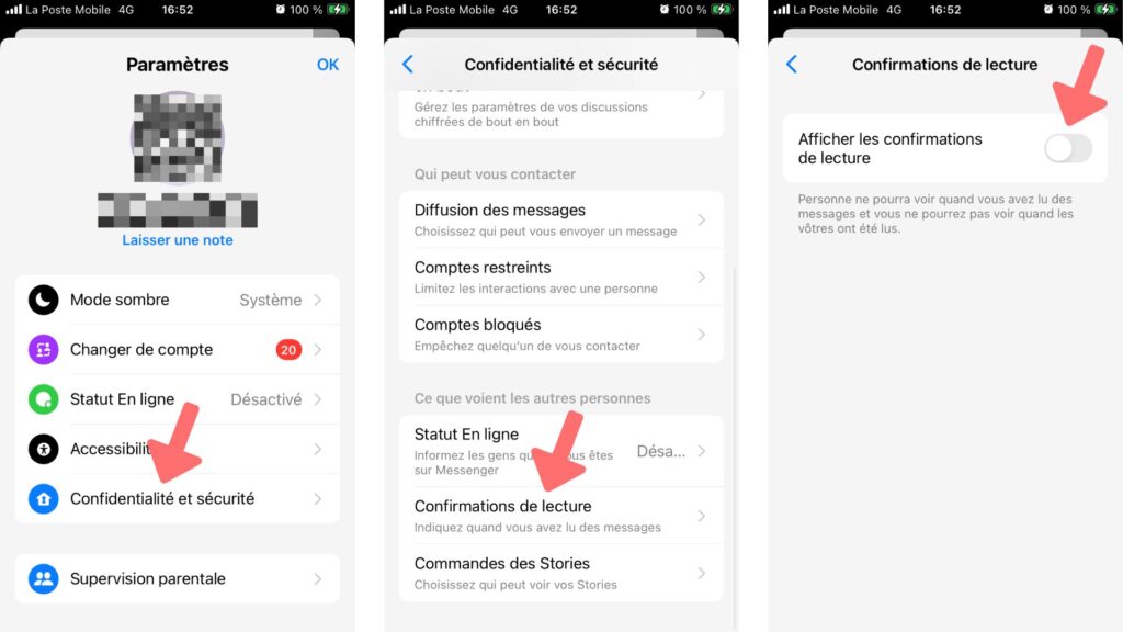 Ôter la mention « Vu » à jamais dans Messenger. // Source : Captures d'écran iOS, montage Numerama Ôter la mention « Vu » à jamais dans Messenger. // Source : Captures d'écran iOS, montage Numerama