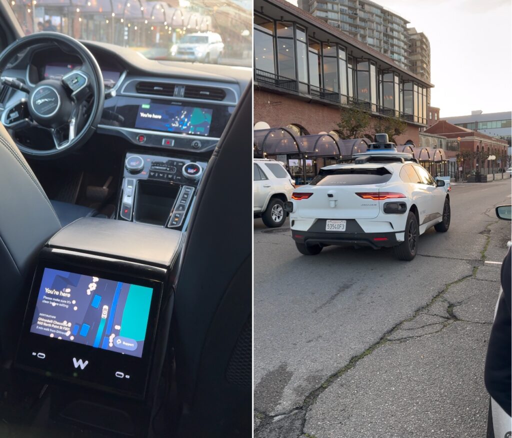 À l'arrivée, Waymo indique qu'il faut descendre après s'être garé. La voiture reprend ensuite sa route automatiquement. À l'arrivée, Waymo indique qu'il faut descendre après s'être garé. La voiture reprend ensuite sa route automatiquement.