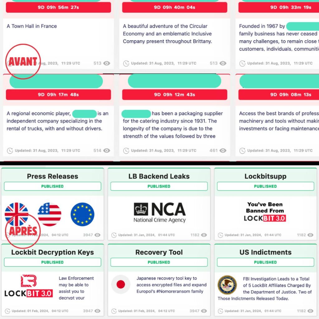 Là où les cybercriminels affichaient auparavant leur victime et leurs données, se trouvent désormais des communiqués de presse et des mandats d'arrestations. // Source : Numerama Là où les cybercriminels affichaient auparavant leur victime et leurs données, se trouvent désormais des communiqués de presse et des mandats d'arrestations. // Source : Numerama