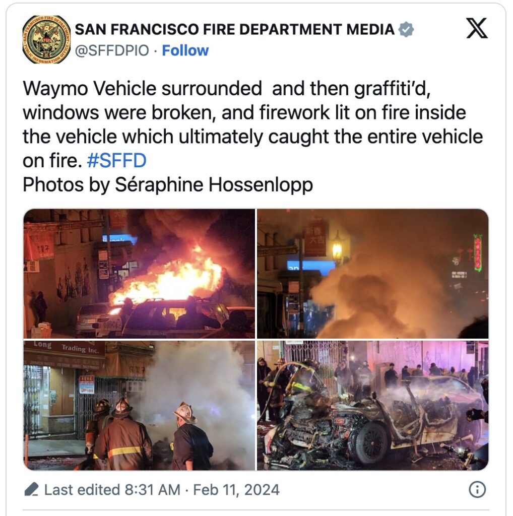 Les pompiers de San Francisco sont rapidement intervenus, mais la voiture était déjà détruite. Les pompiers de San Francisco sont rapidement intervenus, mais la voiture était déjà détruite.