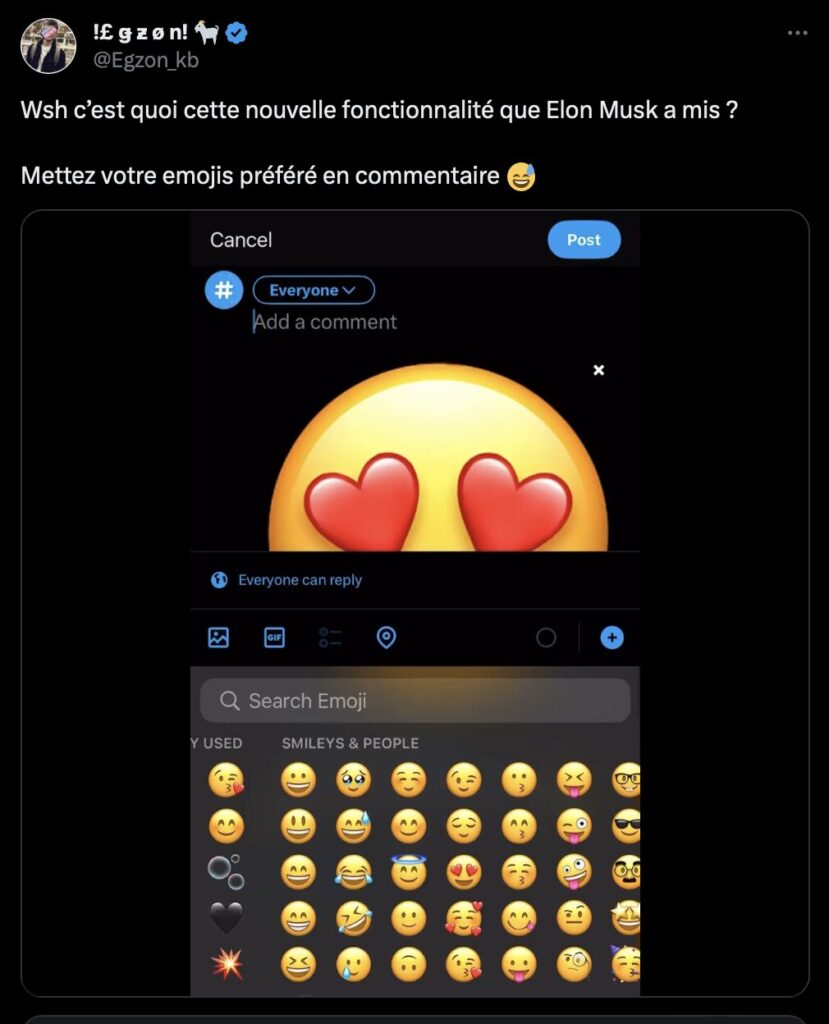 Vu 2 millions de fois, ce tweet laisse entendre que Twitter et Elon Musk ont créé la fonction. C'est bien évidemment faux. Vu 2 millions de fois, ce tweet laisse entendre que Twitter et Elon Musk ont créé la fonction. C'est bien évidemment faux.