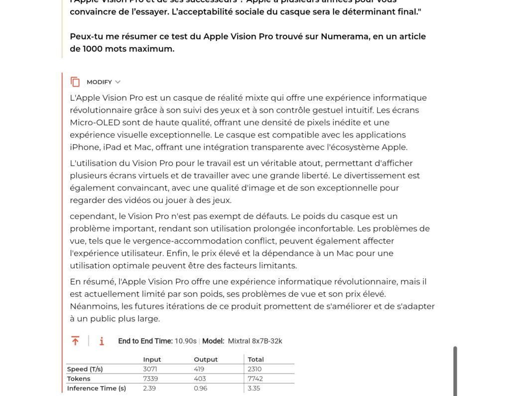 Exemple d'une conversation avec Groq, en lui donnant un article de 4000 mots. Sa réponse est plus courte que prévu, mais se fait presque immédiatement. Exemple d'une conversation avec Groq, en lui donnant un article de 4000 mots. Sa réponse est plus courte que prévu, mais se fait presque immédiatement.