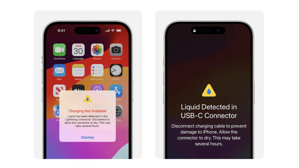 Message qui s'affiche sur l'iPhone quand il y a un liquide à l'intérieur // Source : Apple Message qui s'affiche sur l'iPhone quand il y a un liquide à l'intérieur // Source : Apple