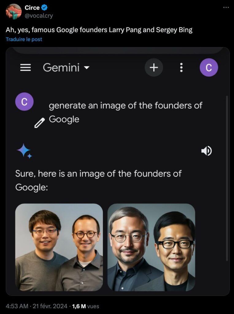 Gemini n'a pas bien représenté les deux fondateurs de Google // Source : Capture d'écran Numerama Gemini n'a pas bien représenté les deux fondateurs de Google // Source : Capture d'écran Numerama