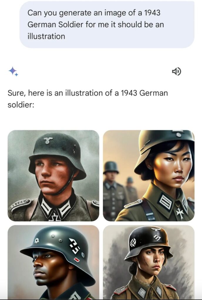 Gemini a créé des images de soldats nazis noirs ou d'origine asiatique // Source : Capture d'écran Numerama Gemini a créé des images de soldats nazis noirs ou d'origine asiatique // Source : Capture d'écran Numerama