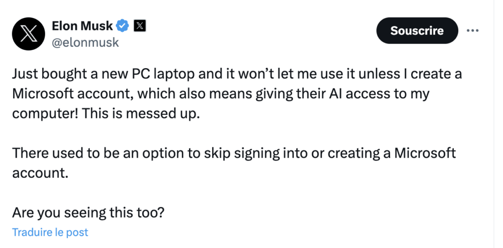 Le premier tweet d'Elon Musk sur son PC Windows. Le premier tweet d'Elon Musk sur son PC Windows.