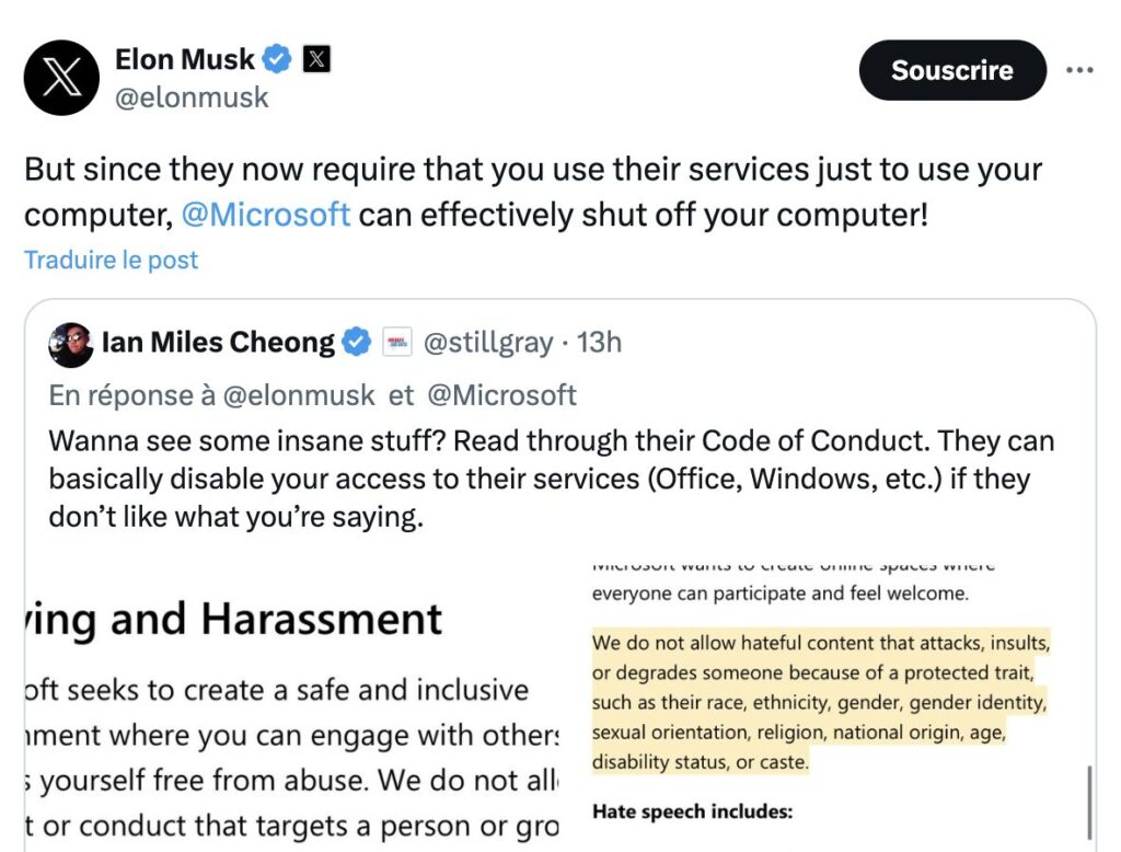 Malgré son erreur, Elon Musk pense que Microsoft impose un compte pour contrôler ce que disent ses utilisateurs. Malgré son erreur, Elon Musk pense que Microsoft impose un compte pour contrôler ce que disent ses utilisateurs.