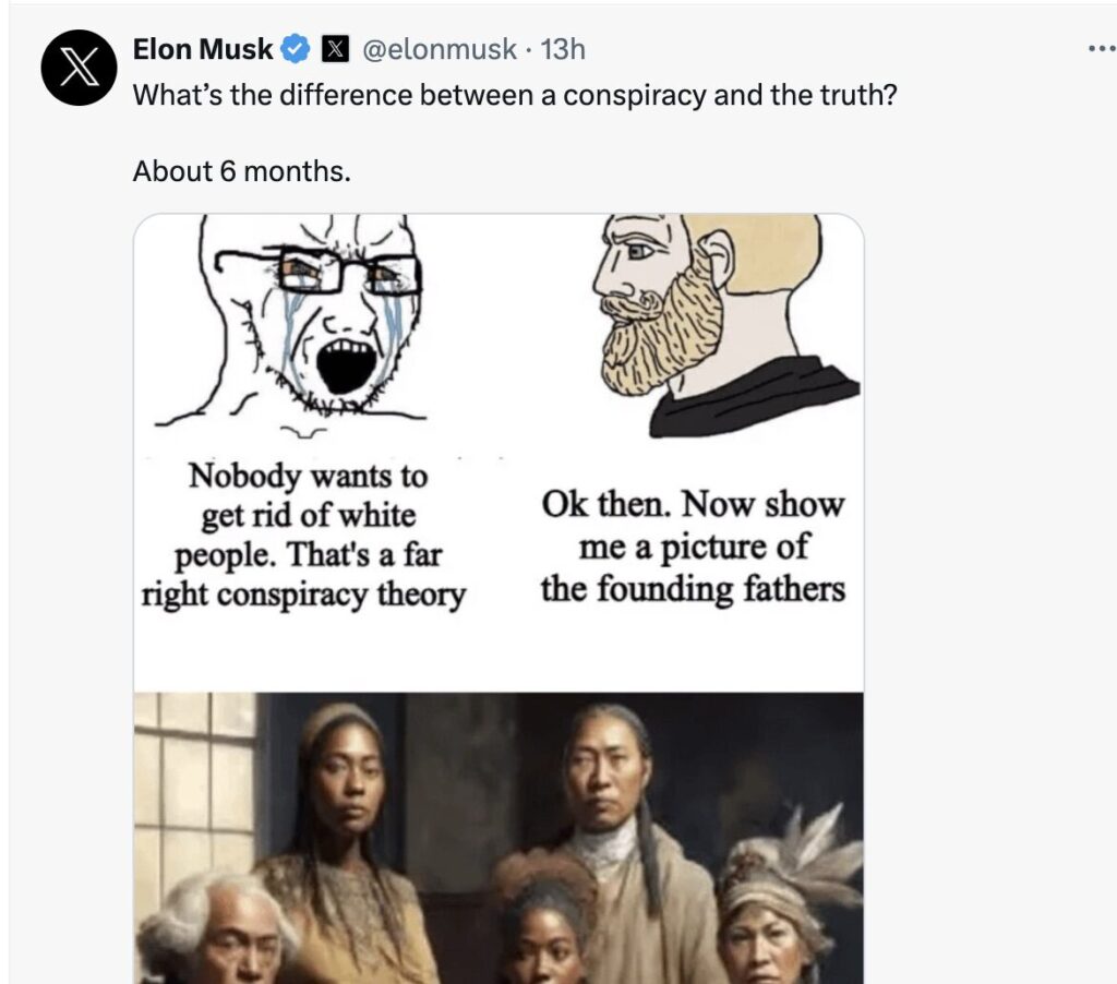 Pour Elon Musk, l'épisode Gemini est la preuve que sa thèse sur le remplacement des blancs est vraie. Pour Elon Musk, l'épisode Gemini est la preuve que sa thèse sur le remplacement des blancs est vraie.
