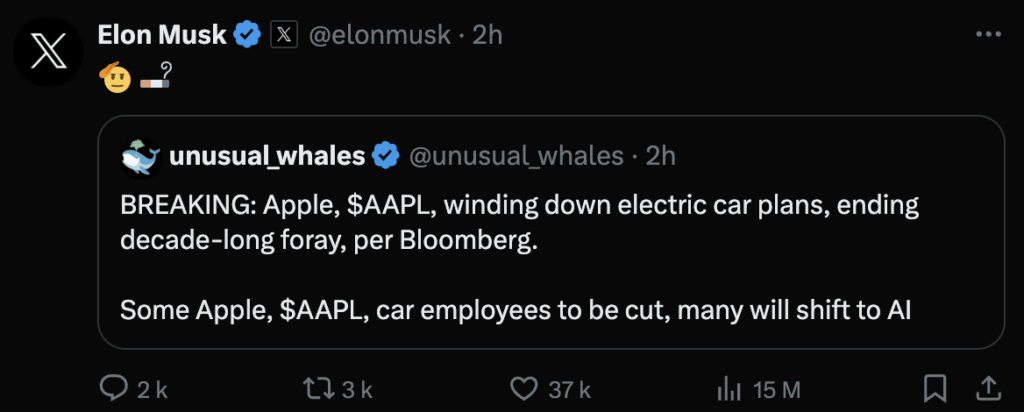 Elon Musk, qui a longtemps moqué le projet d'Apple, s'est félicité de l'arrêt du projet. Elon Musk, qui a longtemps moqué le projet d'Apple, s'est félicité de l'arrêt du projet.