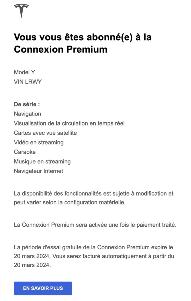 L'e-mail reçu une fois que l'on s'abonne à la connexion premium de Tesla L'e-mail reçu une fois que l'on s'abonne à la connexion premium de Tesla