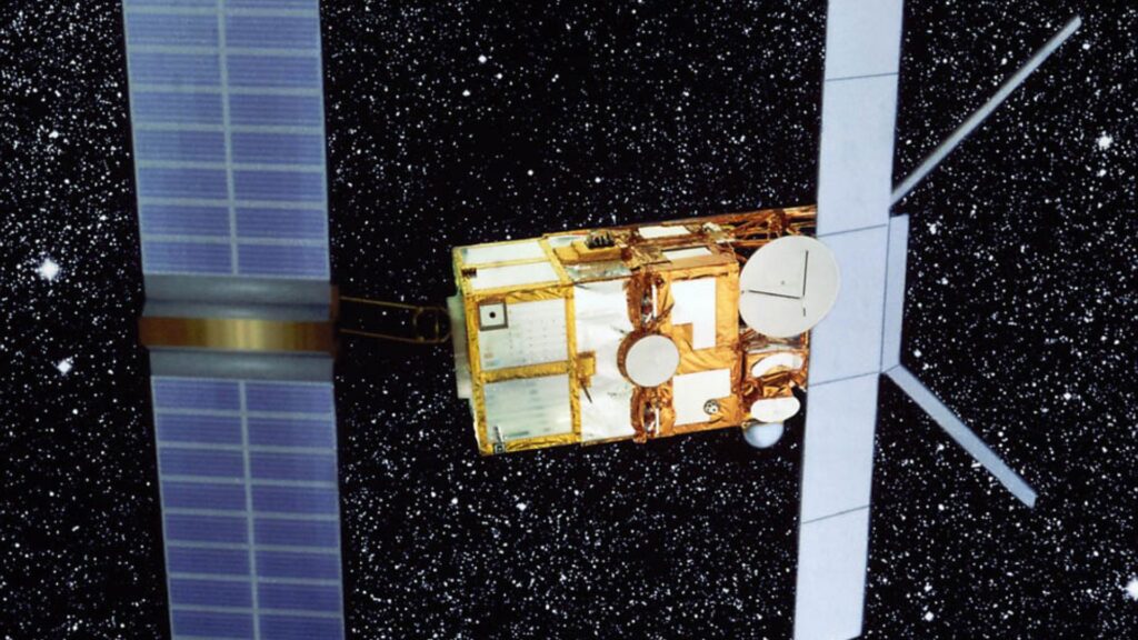 Vue d'artiste du satellite ERS-2. // Source : ESA (image recadrée) Vue d'artiste du satellite ERS-2. // Source : ESA (image recadrée)