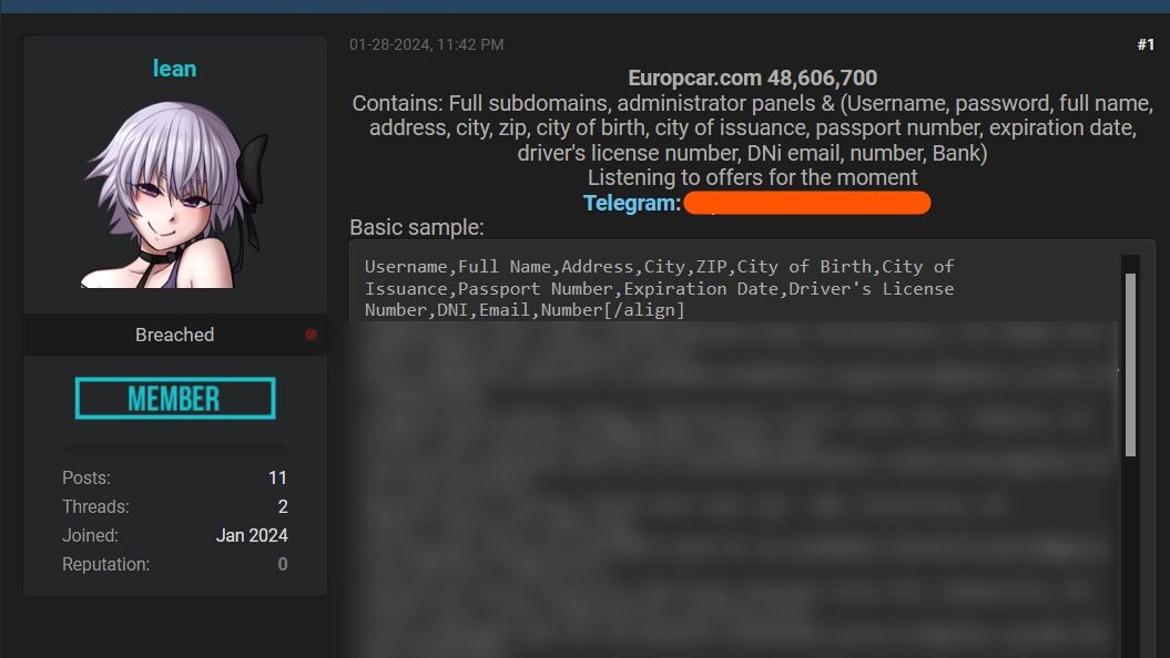 La prétendue base de données sur un forum de hackers. // Source : Numerama La prétendue base de données sur un forum de hackers. // Source : Numerama
