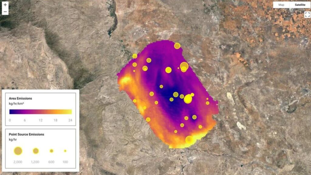 Carthographie gazière et pétrolière superposées à des données de fuite (et leur zone de couverture). // Source : Google Carthographie gazière et pétrolière superposées à des données de fuite (et leur zone de couverture). // Source : Google